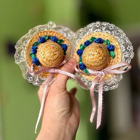 VTG Handmade Wicker Sun Hats Lace & Floral Magnet Cottagecore Farmhouse Set of 2 - Picture 1 of 10